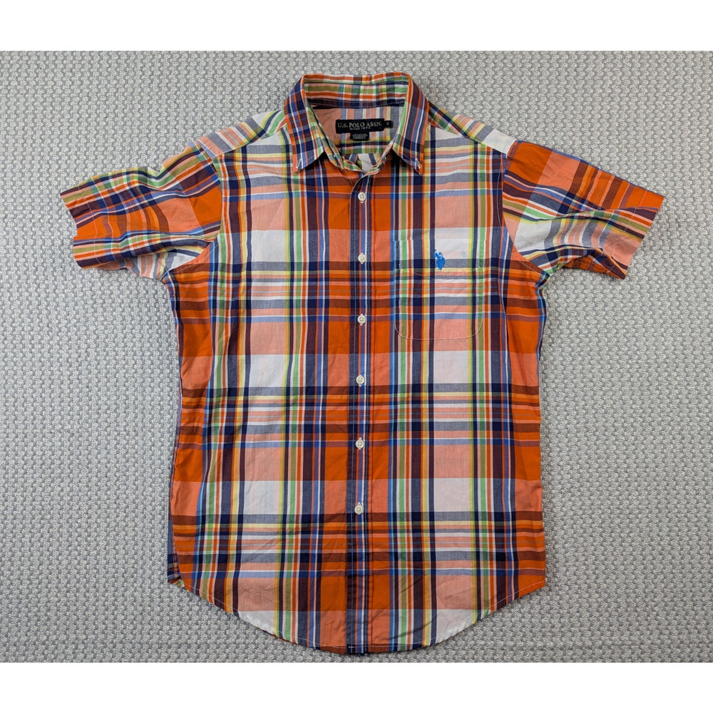 US Polo Assn Button Down Mens Small Orange/Blue/Yellow/Green Plaid Short-Sleeve